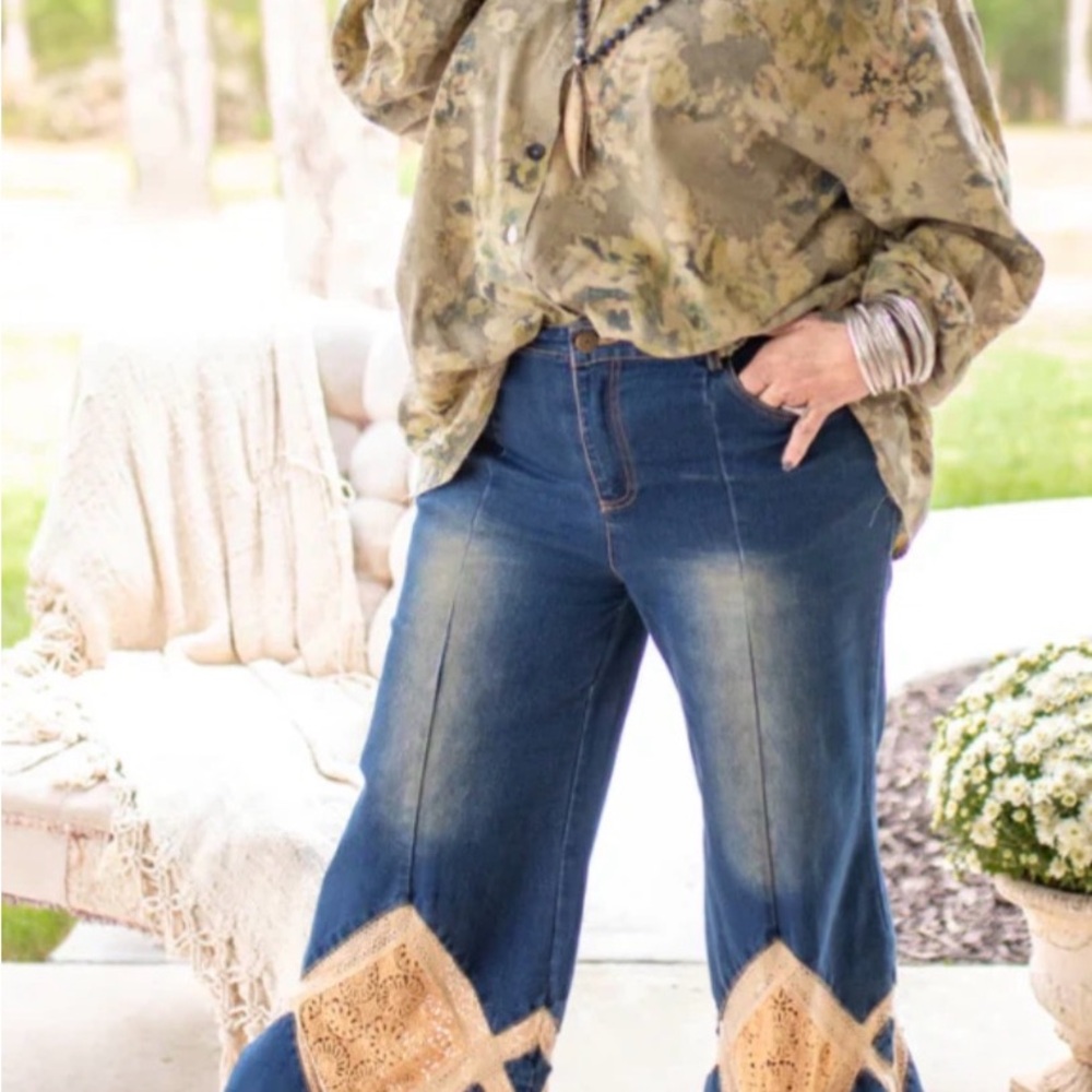 Jaded gypsy Feeling Hippie Stylish Blue Jeans with crochet flares